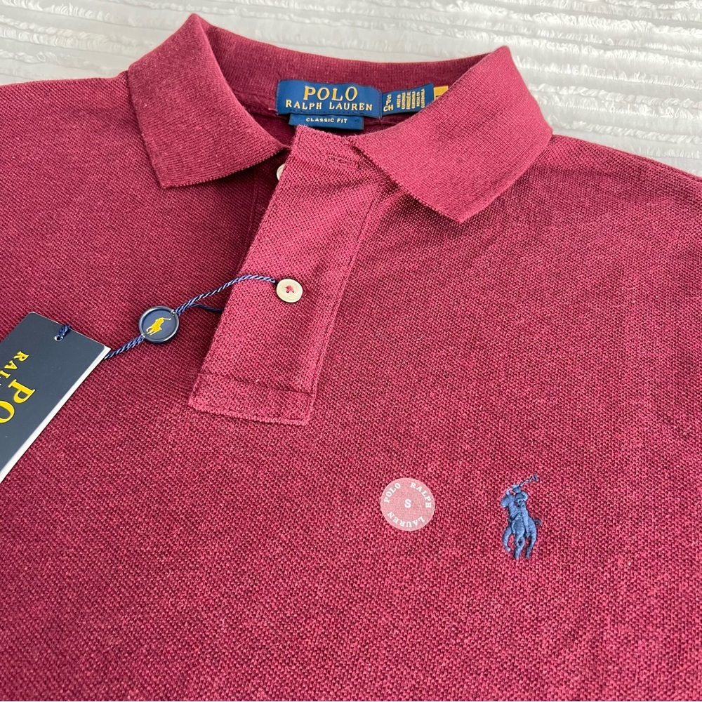NWT Polo Ralph Lauren Men's Polo Shirt Maroon Blue Pony Classic Fit Small Golf